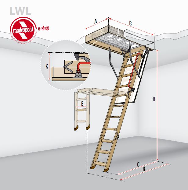 Dimensioni cala retrattile a pezzi con scalini di legno modello LWL Lux